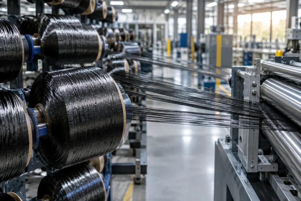 Szpule czarnego włókna węglowego na stojaku w hali produkcyjnej, wiązki włókien prowadzone przez stalowe rolki
